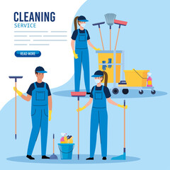 cleaning service, group of workers of cleaning service with equipments vector illustration design