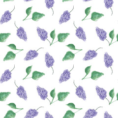 Seamless watercolor floral pattern, lilac flower and leaves