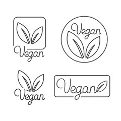 Vector set of logo design templates and badges in trendy linear style with green leaves - organic, healthy, natural, vegan