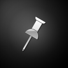 Silver Push pin icon isolated on black background. Thumbtacks sign. Long shadow style. Vector.