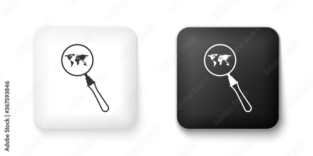 Poster black and white magnifying glass with world map icon isolated on white background. analyzing the wor