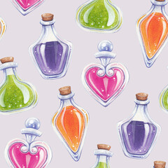 Magical potion bottles seamless pattern. Witches elixir and potions background.