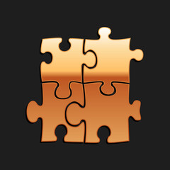 Fototapeta premium Gold Piece of puzzle icon isolated on black background. Business, marketing, finance, template, layout, infographics, internet concept. Long shadow style. Vector.