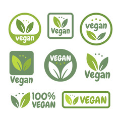 Vegan icon set. Bio, Ecology, Organic logos and icon, label, tag. Green leaf icon on white background.