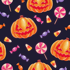 Halloween candy and Jack-o-lantern pumpkin seamless pattern.