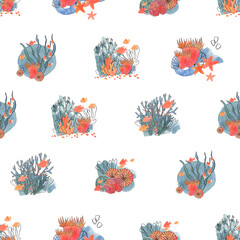 Under the sea is a collection of high-quality hand-drawn watercolor and line art pattern of underwater world, abstract shapes and abstract lines.