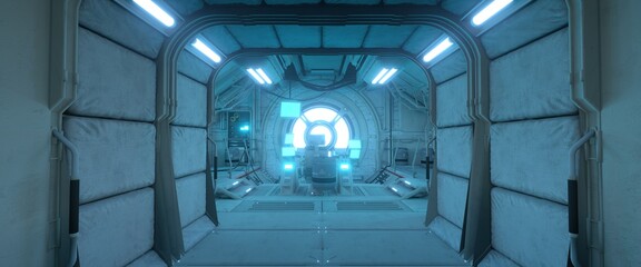Corridor to a spaceship command post. Futuristic 3D illustration with high attention to detail. Space wallpaper.