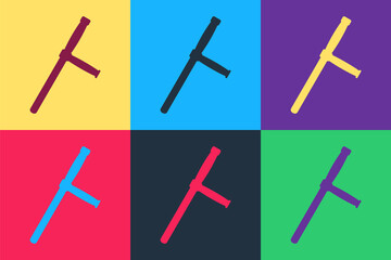 Pop art Police rubber baton icon isolated on color background. Rubber truncheon. Police Bat. Police equipment. Vector.
