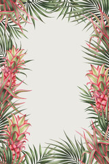 Palm leaves and pineapple border design. Tropical watercolor background and greeting card
