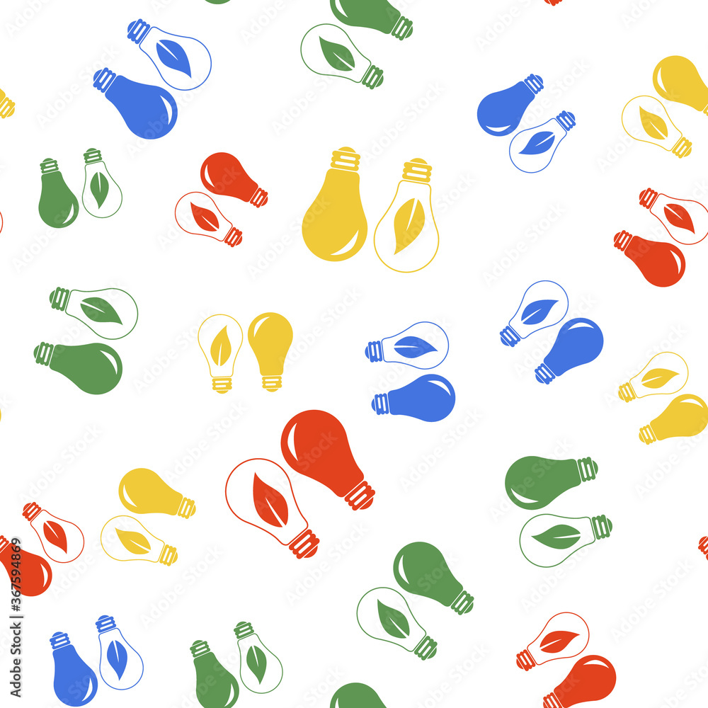 Poster color classic lamp and light bulb with leaf inside icon isolated seamless pattern on white backgroun