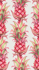 Red pineapple seamless pattern. Juicy tropical fruit watercolor background.