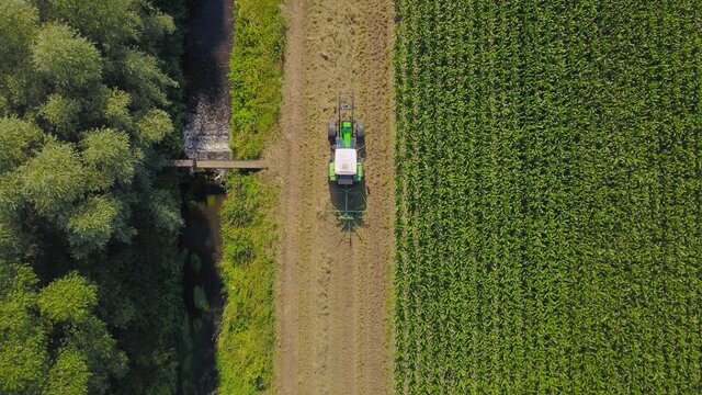 Traktor heut einen Gew&auml;sserrandstreifen zwischen Mais - Acker und Fluss