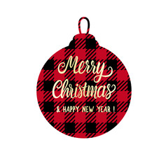 Checkered shape christmas ball with Merry Christmas lettering inscription. Red and black color. Vector Winter holiday design isolated on white background