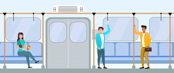 People in the carriage are standing far from each other. Social distancing concept. A colorful flat vector illustration.