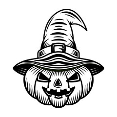 Halloween pumpkin in witch hat vector black object