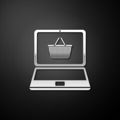 Silver Mobile phone and shopping basket icon isolated on black background. Online buying symbol. Supermarket basket symbol. Long shadow style. Vector.