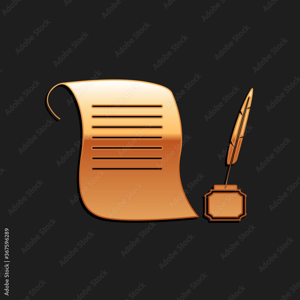 Poster gold feather in the inkwell and paper scroll icon isolated on black background. long shadow style. v