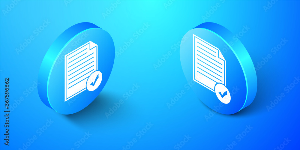 Poster isometric document and check mark icon isolated on blue background. checklist icon. business concept