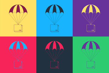 Pop art Box flying on parachute icon isolated on color background. Parcel with parachute for shipping. Delivery service, air shipping concept, bonus. Vector.