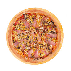 Pizza with chicken breast, corn, bacon and mushrooms, on a round wooden platter, isolated on white background, top view