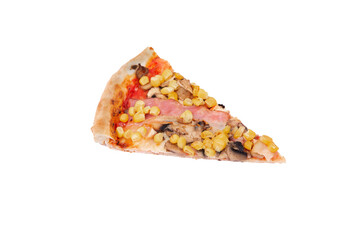 A slice of italian pizza with chicken breast, corn, bacon and mushrooms, isolated on white background, angle view