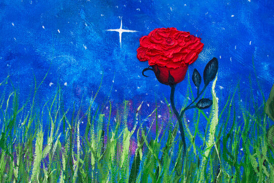 Oil painting. The little prince and the rose. Fabulous picture, fairy tale on canvas. Background.