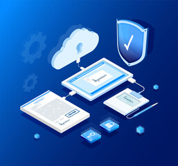 Isometric design. Vector illustration. Concept 3d, 2d graphics. Electronic signature. Remote documents signing. Virtual signature. Encryption technology. Digital key to personal data.