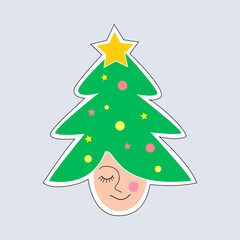 Festive sticker New Year and Christmas. A Christmas tree on a woman's head. Holiday dream concept. Doodle cartoon style
