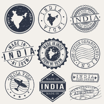 India Set of Stamps. Travel Passport Stamp. Made In Product. Design Seals Old Style Insignia. Icon Clip Art Vector.