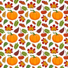 Seamless pattern with cartoon pumpkin, autumn leaves and rowanberry branch. Hand drawn colorful background. Fall season, Harvest, Thanksgiving Day design, print, fabric, wrapping paper, scrapbooking