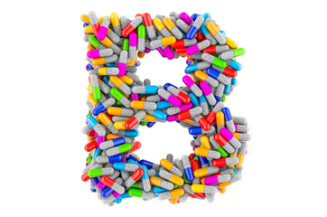 Letter B from colored capsules. 3D rendering