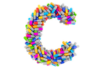 Letter C from colored capsules. 3D rendering