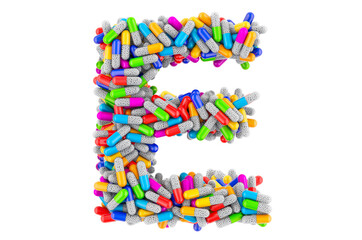Letter E from colored capsules. 3D rendering
