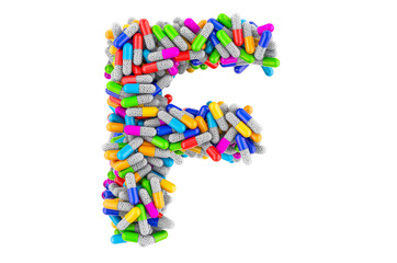 Letter F from colored capsules. 3D rendering