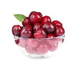 Tasty ripe red cherries in glass bowl isolated on white