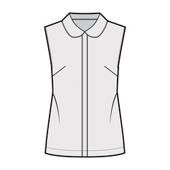 Blouse technical fashion illustration with round collar, sleeveless, loose silhouette, front button fastenings. Flat shirt apparel template front, grey color. Women, men unisex top CAD mockup