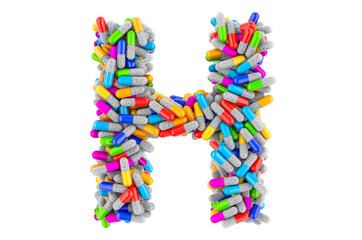 Letter H from colored capsules. 3D rendering