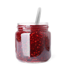 Jar of raspberry jam isolated on white