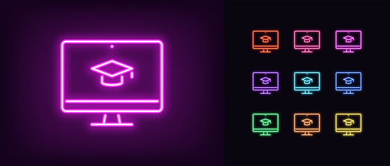 Neon online education icon. Glowing neon webinar sign, digital study