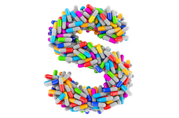 Letter S from colored capsules. 3D rendering