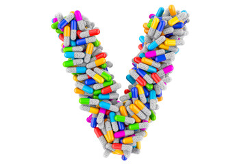 Letter V from colored capsules. 3D rendering