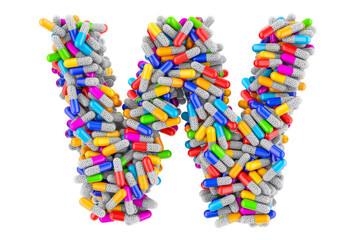 Letter W from colored capsules. 3D rendering