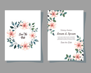 greeting cards with flowers, wedding invitations with flowers with branches and leaves decoration vector illustration design