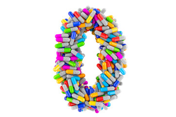 Number 0 from colored capsules. 3D rendering
