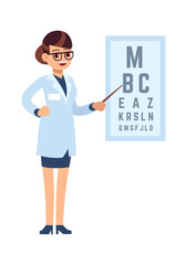 Oculist. Doctor cartoon character stands in glasses and white medical uniform and tests with alphabet, diagnostic eye, ophthalmology concept cartoon flat vector isolated illustration