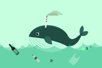 Whale with exhaust stack in the ocean polluted with plastic and glass bottles and other wastes illustration