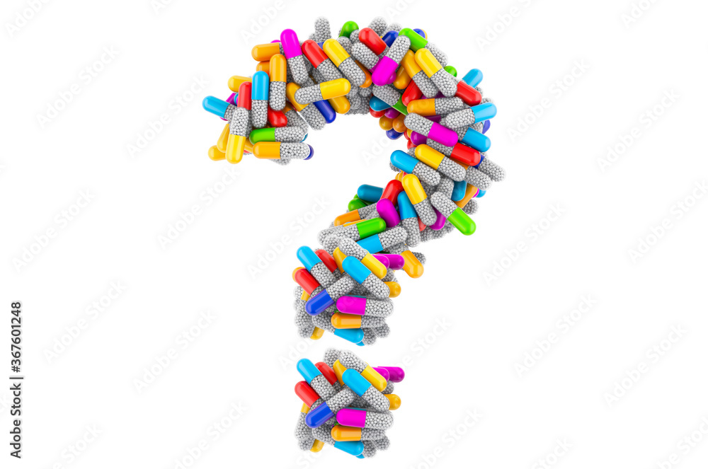 Poster question mark from colored capsules. 3d rendering