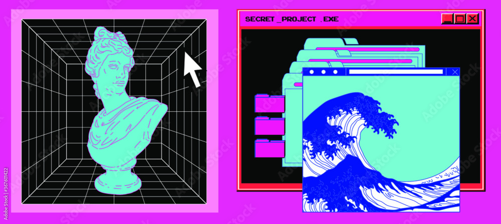 Poster cyberpunk style collage with user interface elements, gypsum bust and picture of ocean waves. concep