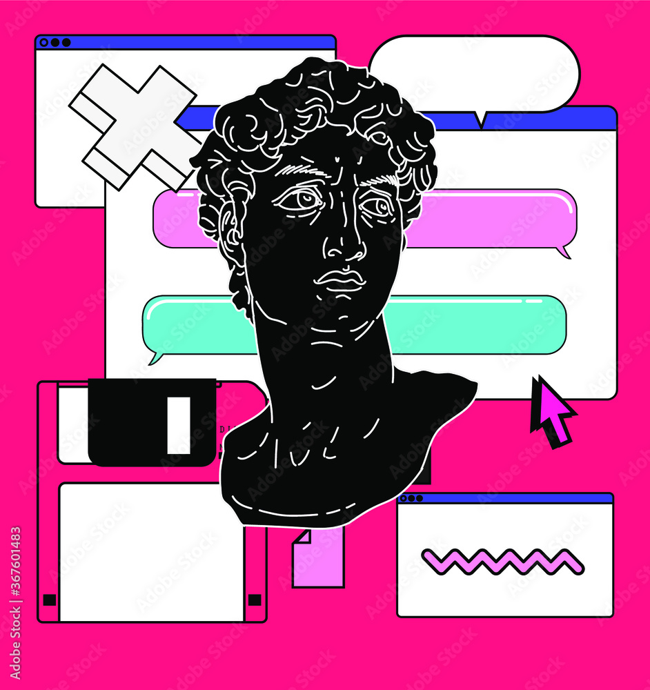 Aufkleber surreal retrofuturistic vector illustration of user interface with roman antique statue in cartoon a