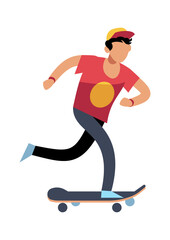 Young man on skateboard. Young character skater guy skating on board. Outdoor activities, extreme sport, healthy leisure lifestyle. Flat vector cartoon isolated illustration